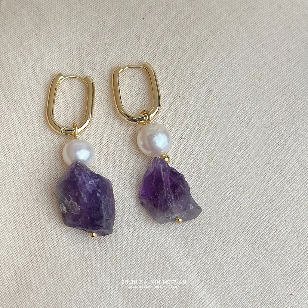 14K Gold Plated Natural Amethyst & Freshwater Pearl Earrings - Baroque Irregular Luxury Statement Earrings for Women, Handmade Chic Light Luxury Jewelry