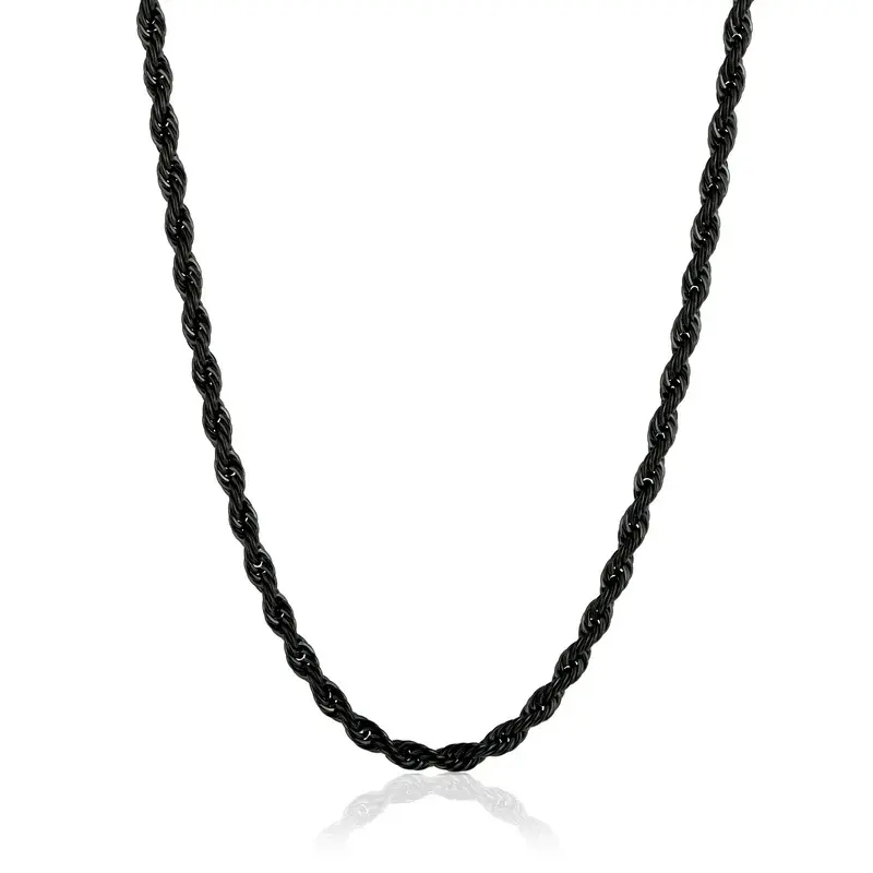 Unisex Black Classic Twist Link Chain Necklace - 3mm Adjustable Chain Jewelry, 18-24in Casual Hypoallergenic Necklace with Lobster Claw Clasp, Gift Accessory