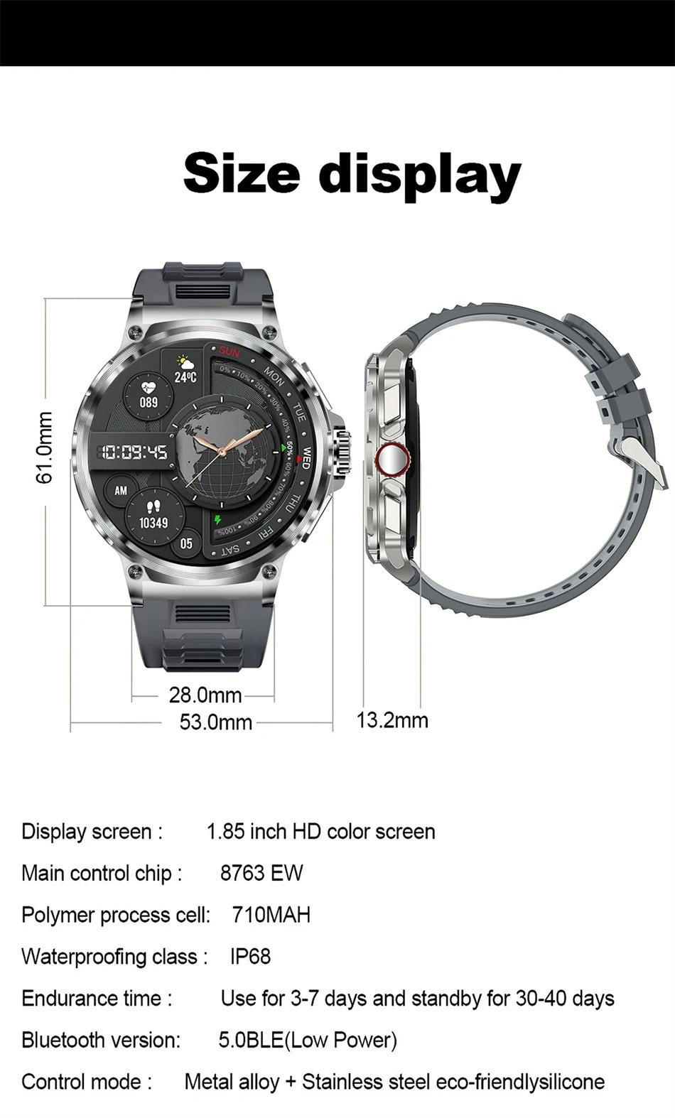 2026 IP68 Waterproof Smart Watch for Men - 1.85" Display, 710mAh Battery, GPS + Bluetooth Call, Heart Rate Monitor Watch