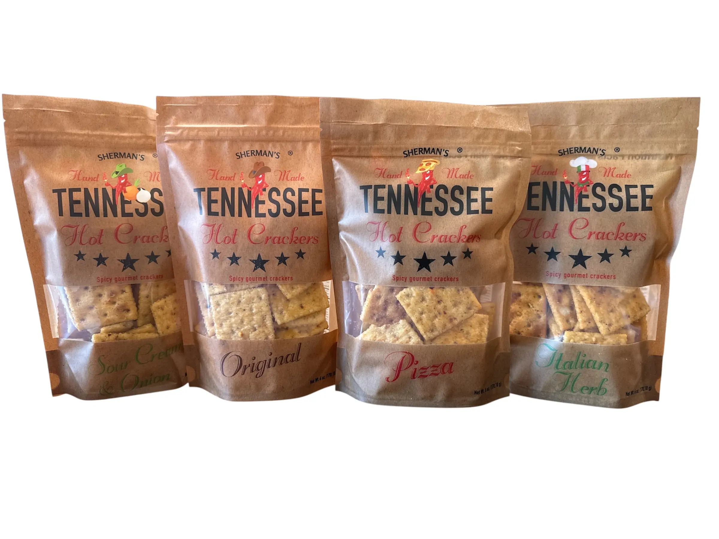 Sherman Tennessee Hot Cracker Variety Pack - 4 Pack of Crispy Snack Crackers with Original, Italian Herb, Pizza, and Sour Cream & Onion Flavors