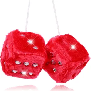 Red Fuzzy Dice for Rear View Mirror, Pair of 2.75" Plush Dice with Rhinestone Dots Retro Hanging Ornaments