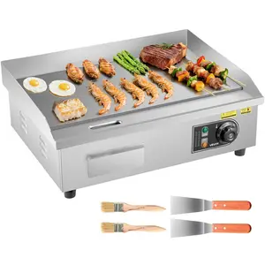 【Summervibes】VEVOR Commercial Electric Griddle, 21.06 x 11.81 inch, 3200W, 122-570°F Adjustable Temp Control, Stainless Steel Body, Full Flat, with 2 Spatulas, 2 Brushes, and 4 Foot Pads, for Steak, Pancake