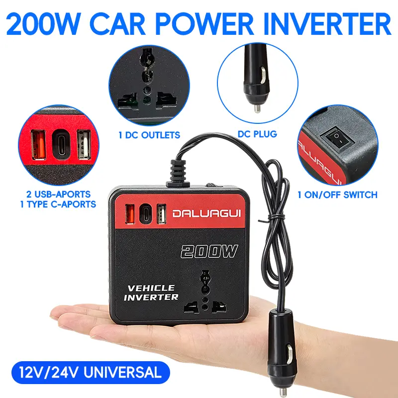 200W Car Power Inverter, DC 12V to 110V AC Car Plug Adapter, Car Inverter Charger with PD 24W/ QC 24W Quick Charge, Power Inverter for Vehicles, Car Office Working, Camping, Road Trip