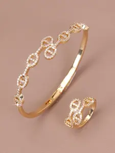 2PCS  Charm 18K Goldplated Copper Zircon Coffee Bean-shaped Open Bracelet Ring set for Men and Women Shine Bling Synthetic Zirconia Pig Nose Jewelry Bangle Ring set Ideal Gift for Friend