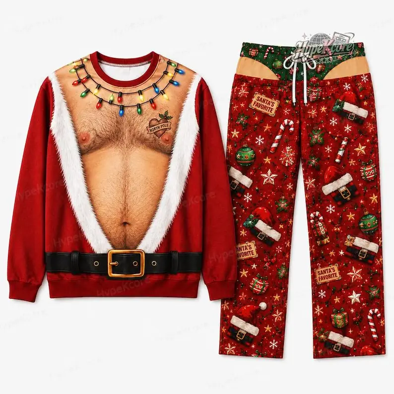 Men's Christmas Pajama Set - Funny Santa Graphic Sweatshirt, Festive Santa Print Lounge Pants, Ugly Sweater Holiday Family Outfit