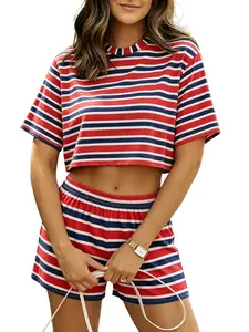 Women’s Red White Blue Striped Matching Set – Loose Cropped Round Neck Tee & High Waist Elastic Shorts, 2 Piece Lounge Outfit for Summer Casual Wear