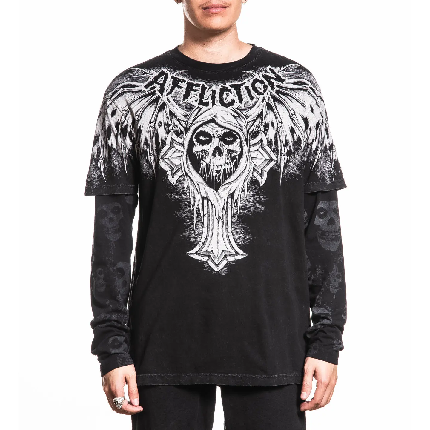 Affliction Men's Misfits Bat Layered Look T-Shirt, 100% Cotton with Graphic Print in Black Lava Wash, Reactive Sleeves, Tshirt, Casual, Jersey, Long Sleeve, Cold Wash, All Seasons, Large