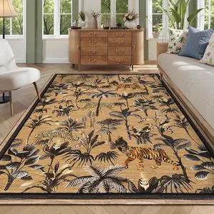 Area Rug Washable Rug for Living Room Tiger Rugs Tropical Jungle Plant Rugs Non Slip Non Shedding Indoor Floor Cover Low Pile Stain Resistant Carpet for Bedroom Home Decor, Camel