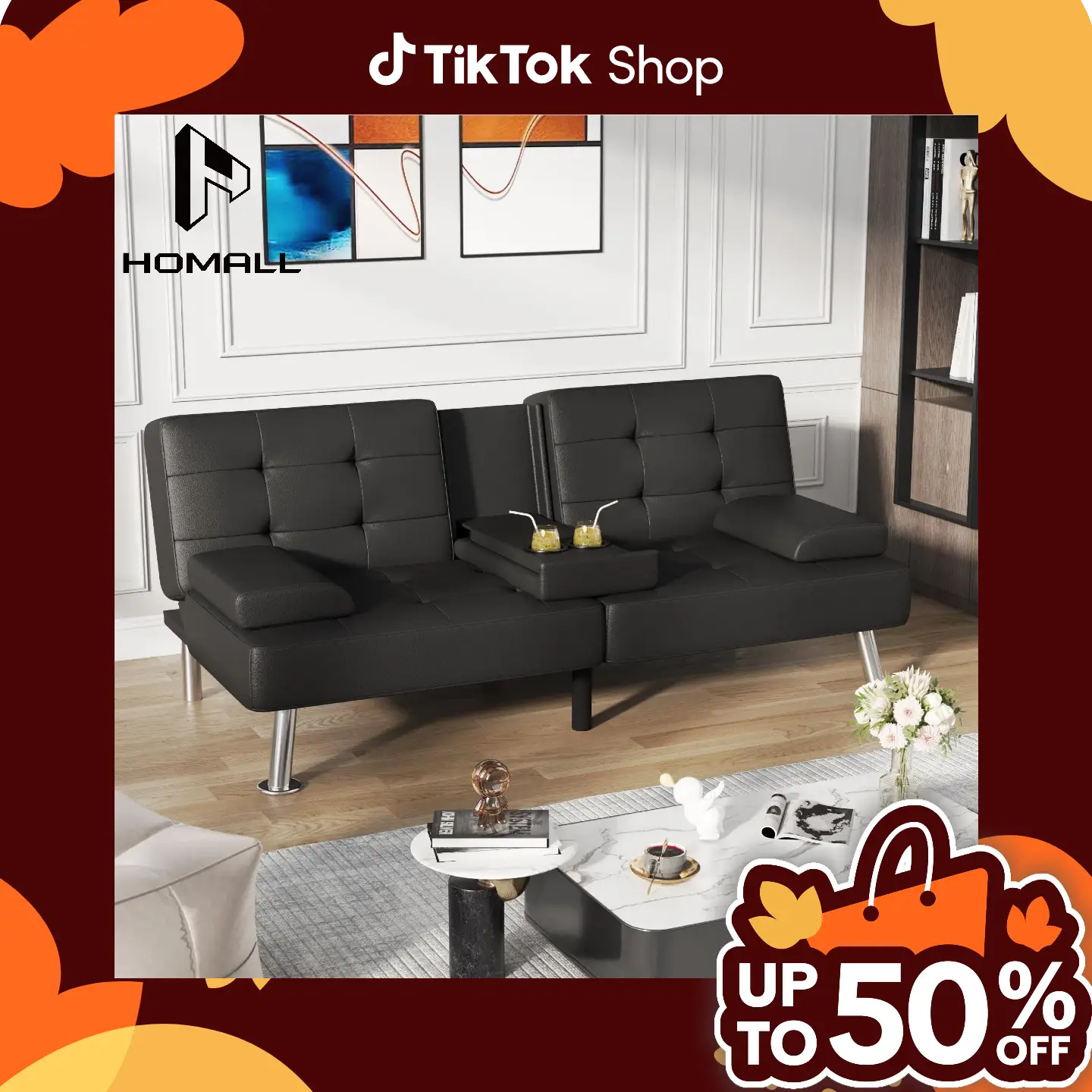 HOMALL Futon Sofa Bed Faux Leather Couch Modern Convertible Folding Recliner with 2 Cup Holders