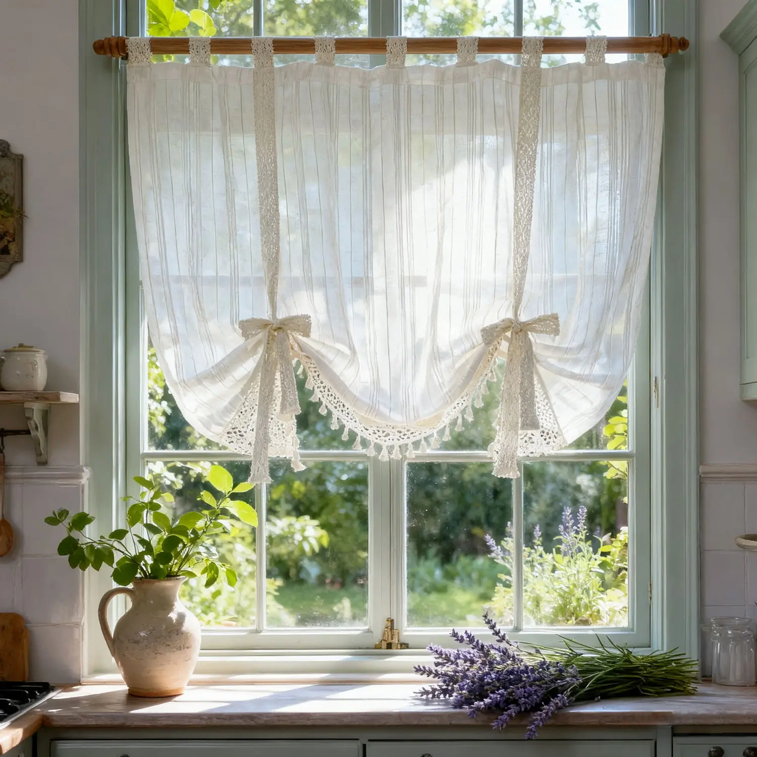 1 PC Beige Striped Boho Balloon Curtain for Kitchen Bathroom Tab Top Beige Striped Sheer Roman Curtain with Cotton Crochet Knitting Bottom Farmhouse Valance Tasseled Linen Voile