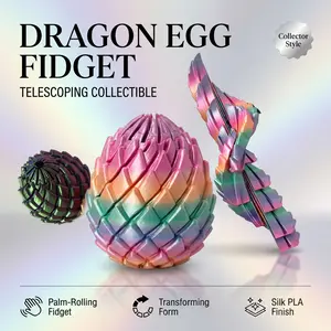3D Printed Telescoping Dragon Egg Fidget Desk Decor, Silk PLA Transforming Scale Egg, Multicolor Gradient Collectible with Palm-Rolling Motion and Feather-Blade Display Form