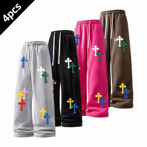 SAND SOUND Men's Cotton-Polyester Knitting Sweats, Unisex Cross-Print Baggy Casual Loose Straight Sporty Lounge Pants, High Street Vibe Streetwear for Fall-Winter Transition, Comfortable Men's Clothing