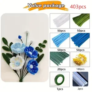 403pcs Pipe Cleaner Handmade Set, Lily Tulip Blue, Chenille Stem Kit, DIY Craft Materials, Wedding Birthday Gift, Flower