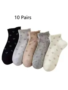 Cute Heart Pattern Ankle Socks for Women, 10 Pairs Soft Comfy Casual Daily Wear, Perfect for Everyday Comfort