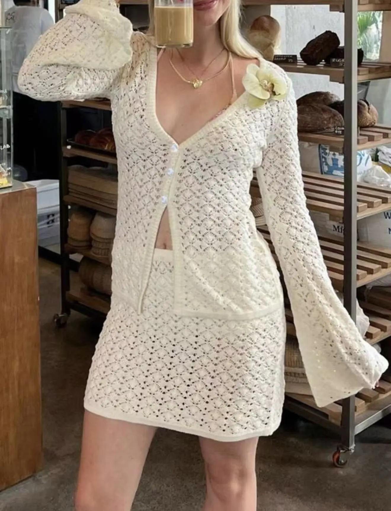 Sweet Dreams. Women's 2-Piece Knit Set, Sexy Hollow Out Long SleeveCardigan with Deep V-Neck and Wrap Skirt, MinimalistCommuter Style Pink Outfit, Knitwear, Women's Clothes