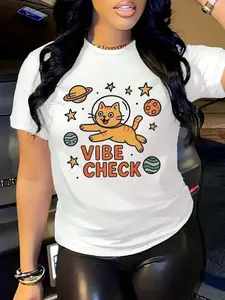 Space Cat Vibe Check Graphic T-Shirt, Fun Cartoon Cat Design, Comfortable Cotton Short Sleeve, Perfect for Home and Casual Outings
