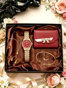 7pcs Mother's Day Gift Set, Luxury Gold Watch + Jewelry + Wallet Box, Elegant Analog Quartz Watch, All Seasons Gift for Her