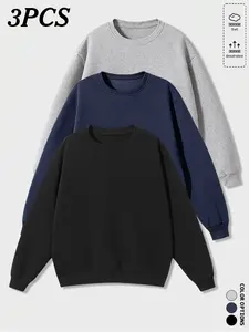 3-pack men’s everyday crewneck pullover sweatshirts—standard classic crewneck basic style with drop shoulders for a relaxed, oversized fit. Easy to mix and match, covering all everyday wear scenarios.