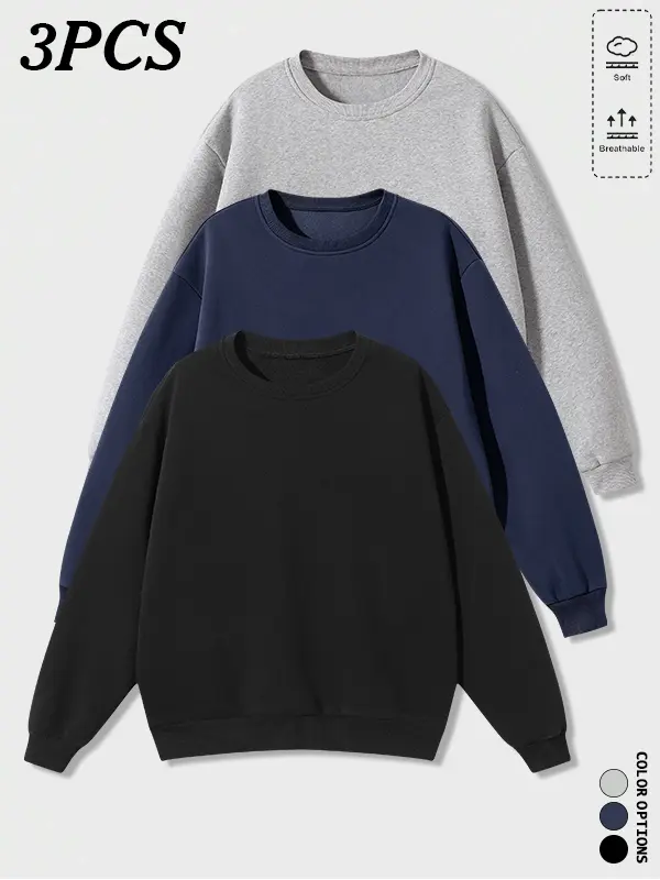 3-pack men’s everyday crewneck pullover sweatshirts—standard classic crewneck basic style with drop shoulders for a relaxed, oversized fit. Easy to mix and match, covering all everyday wear scenarios.