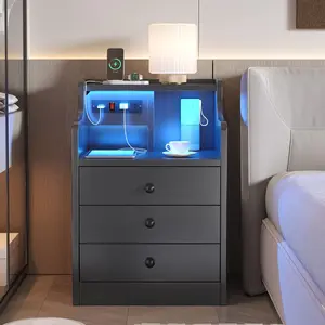 Sikaic LED Nightstand with 3 Storage Drawers  Modern Bedside Table with Built-in Charging Station and Open Storage Space