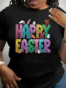 Women'S Plus Size Easter T-Shirt, Casual Crew Neck, Geometric Pattern, Knit Fabric, Medium Stretch, Polyester 95% Elastane 5%, Spring/Summer Fashion, 180g/m² - Festive Holiday Top