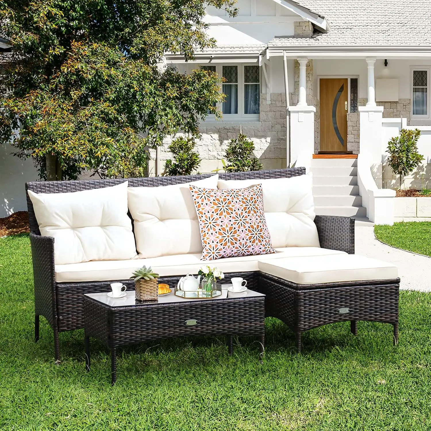 COSTWAY 3 Pieces Patio Conversation Set, Outdoor PE Rattan Wicker Furniture Set W/Cozy Cushions, All Weather Sectional Sofa Set W/Tempered Glass Coffee Table for Poolside, Backyard, Garden