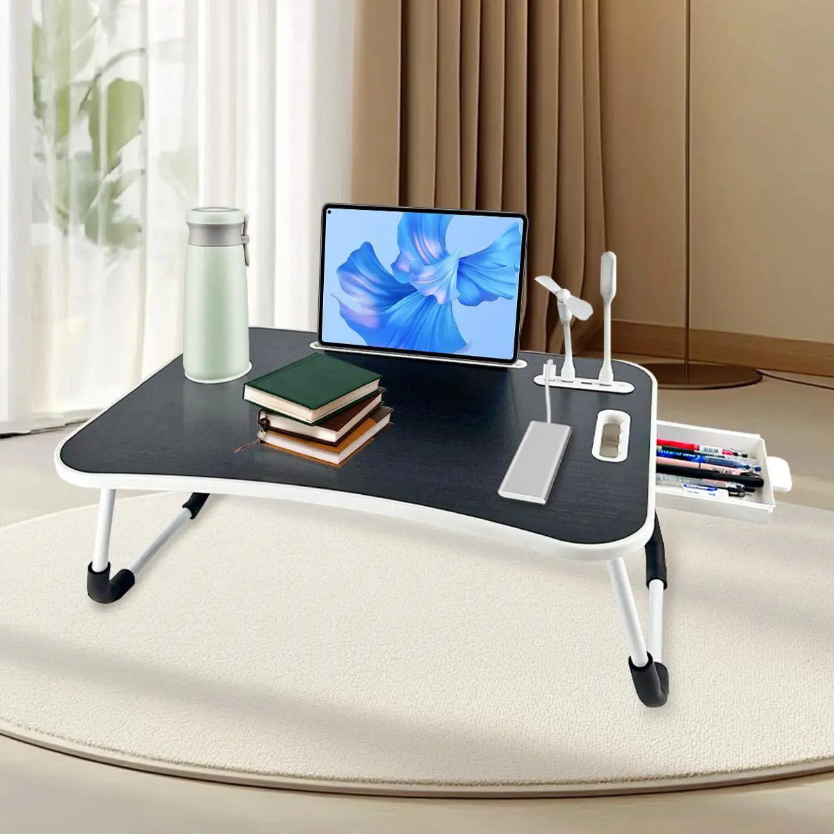 Black Wood Frame Foldable Laptop Desk - Oversized Durable Single Rectangle Unit, Tilting Top Modern Furniture with Cup Holder, Drawers, USB Charging Fan, Light, Adjustable Tabletop, Compact Sturdy Portable Flat-Folding Design for Couch-to-Office Storage