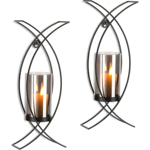 Black Decorative Hurricane Candle Sconces Wall Art Set of 2 - Iron Modern Wall Candle Holders for Indoor Fireplace Kitchen Dining Room