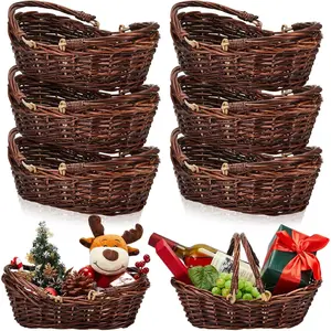 6 Pcs Wicker Basket with Handle Harvest Empty Easter Eggs and Candy Basket Oval Woven for Organizing, Fruit Egg Gathering Wedding Gifts (Dark Brown)