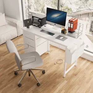 47.3"Office Desk with Power Outlet,3 Drawers,Side Pocket, Study Desk Easy to Assemble,Frame stability Reversible for Home Desk, Company Computer Desk, Game Table,Vanity Table, White