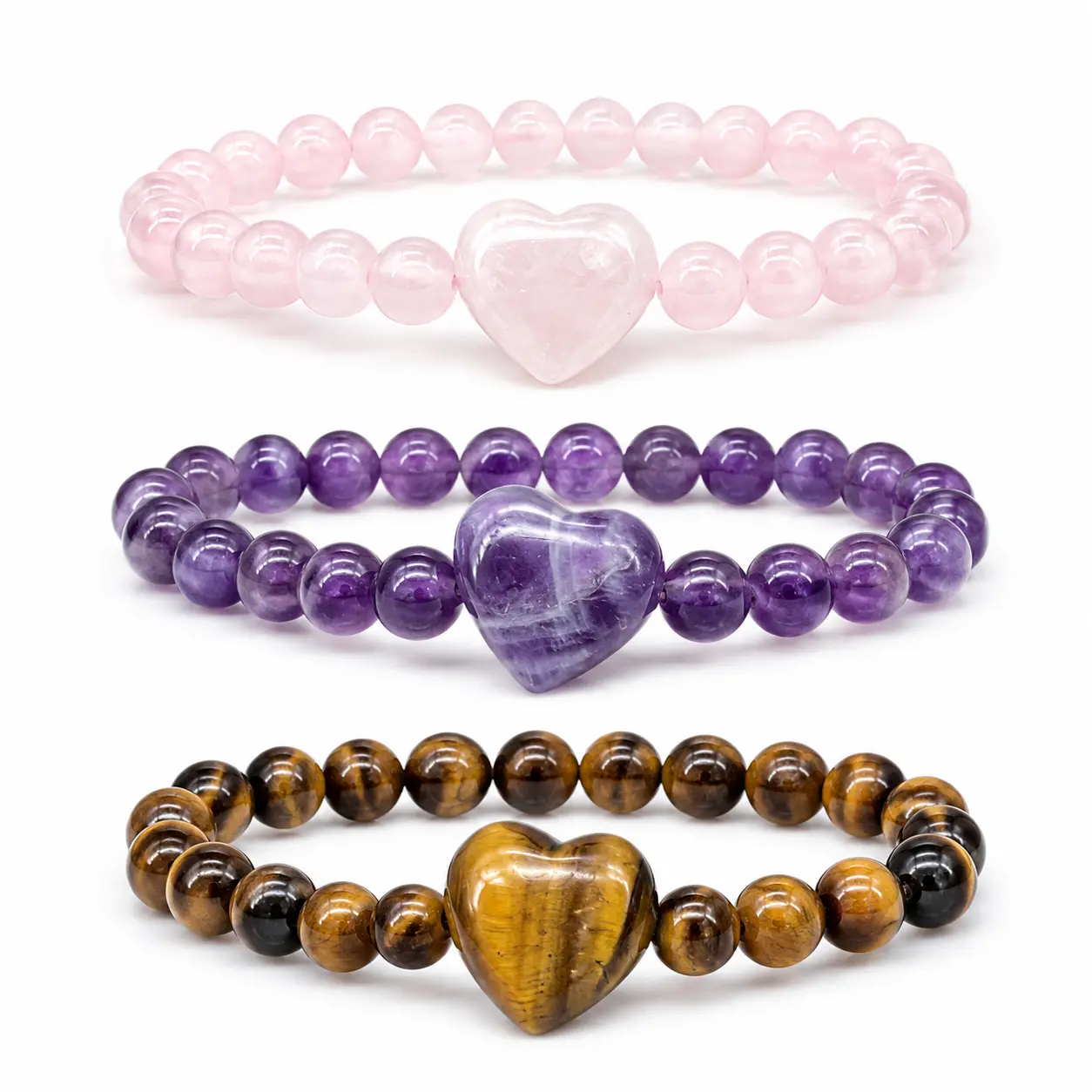 3-piece natural gemstone heart bracelet set — rose quartz, amethyst, and tiger’s eye beaded bracelets crystal jewelry set