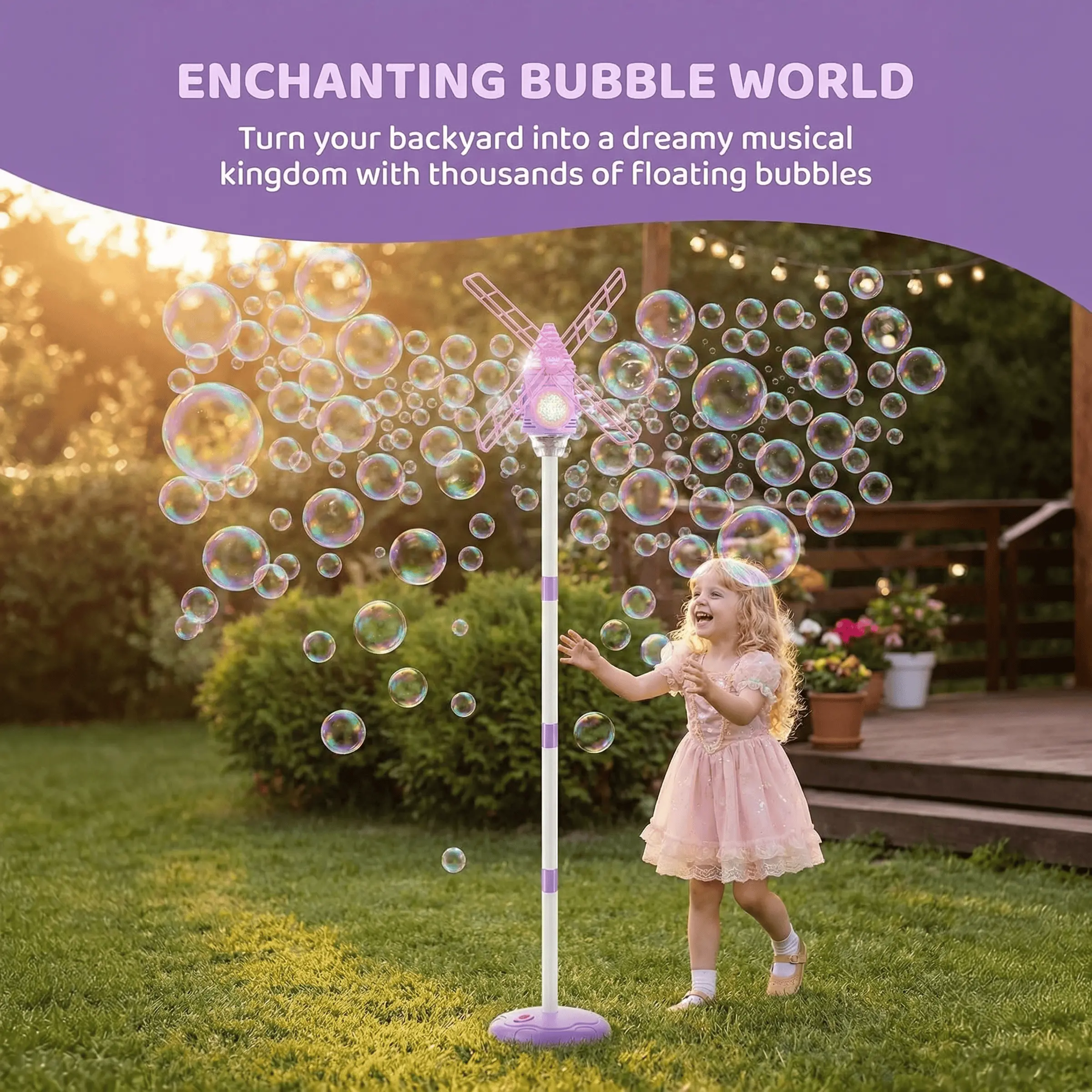Windmill Bubble Machine, Automatic Bubbles with Music & LED Lights, Adjustable Height, Indoor Outdoor Use, Gift for Kids