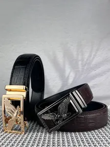 Men's waist belt, casual retro style, eagle relief alloy automatic buckle, 3.5cm/1.38in wide embossed ratchet belt, suitable for business occasions, daily commuting, travel, holiday gifts.