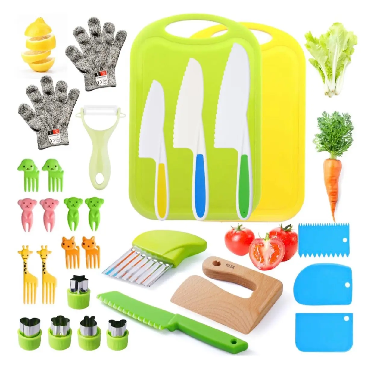 Montessori Kitchen Cutting Board & Knife Set, 28 piece Multifunctional Fruit & Vegetable Cutter Set, Including Cutting Board, Knife, Fruit & Vegetable Cutter, Vegetable Peeler, Kitchen Utensils for Home Kitchen For Young Chefs