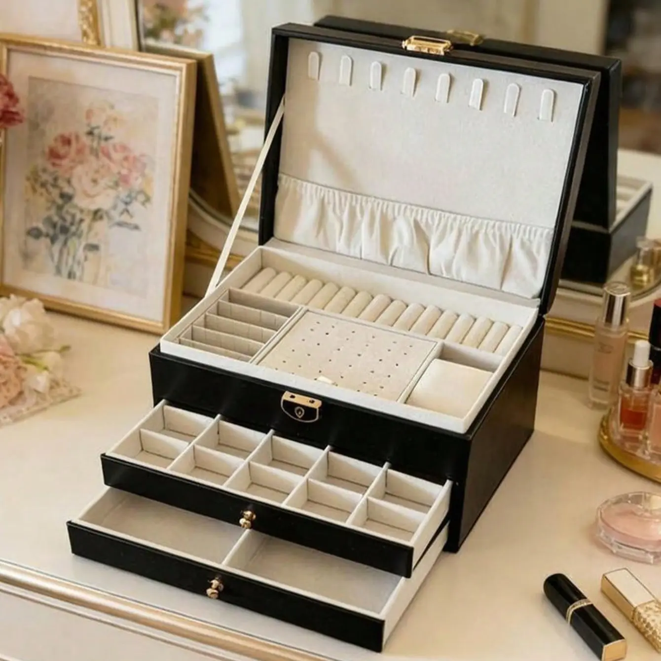 Large 3-Layer Lockable Jewelry Box with Drawers, PU Leather Jewelry Organizer with Soft Velvet Lining, Necklace Hooks, Ring Slots, Earring Holders - Large Capacity Storage Case for Necklaces, Rings, Earrings, Bracelets, Watch, Perfect Gift for Women Girls