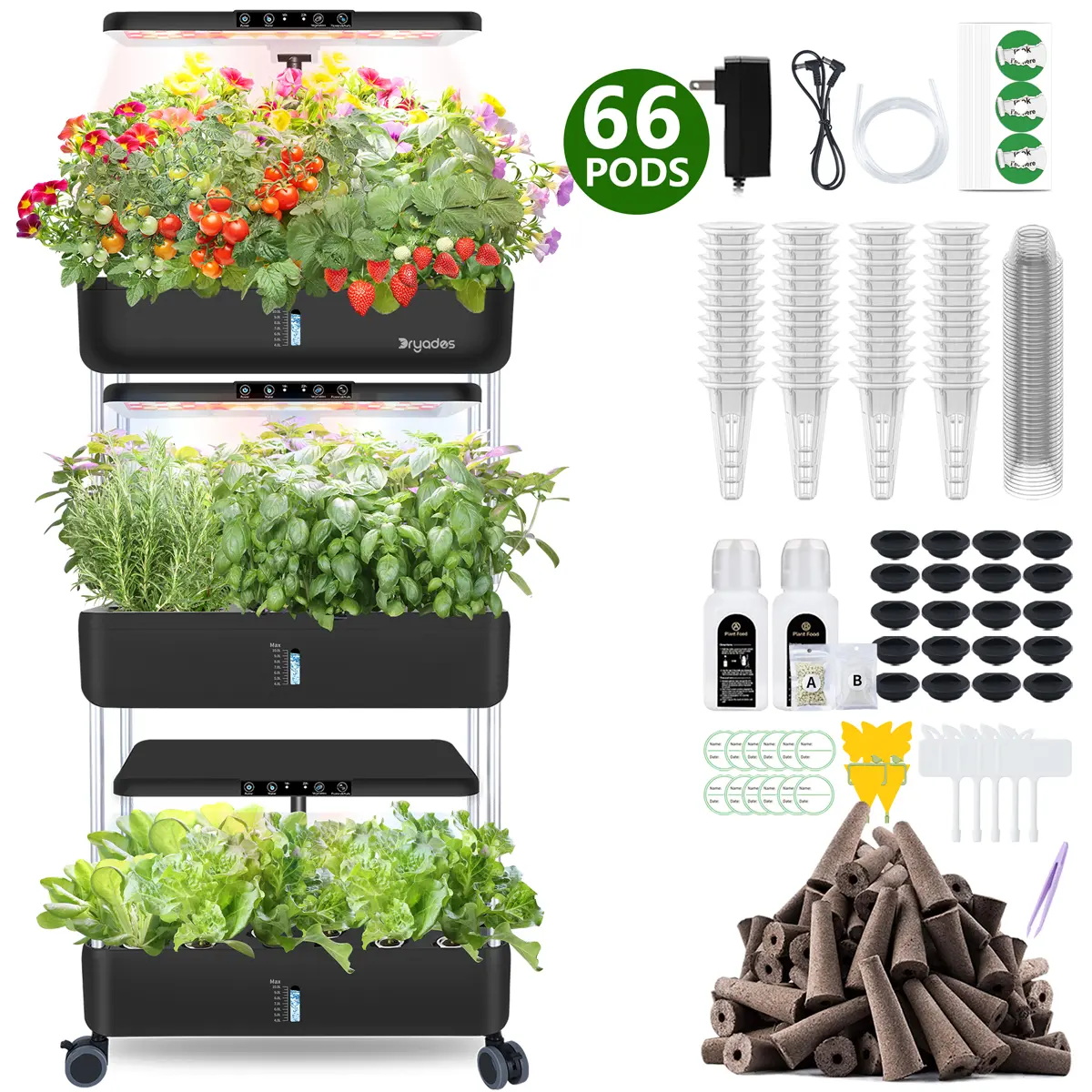 [Free Express]Dryades 66-Pod Hydroponics Growing System, Large Indoor Herb Garden with LED Grow Light,3-Layer Hydroponic Tower Indoor Kit for Basil Grow & Germination, Gardening Gifts , Space-Saving Design Perfect for apartments&Kitchens