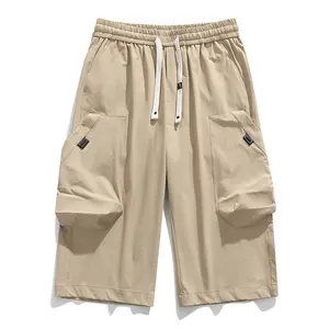 Men’s summer ice silk quick-dry cargo shorts — three-quarter length, straight cut, large 3D pockets, lightweight and breathable athletic casual pants