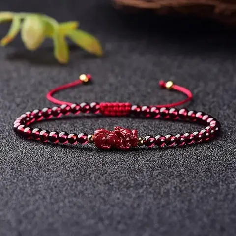 Sofia Natural Garnet Crystal Jewelry Bracelet, Handmade Dainty Lucky Pixiu Dragon Charm Energy Bracelet with Natural Stone Design for Daily Wear Gift