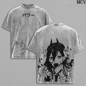 Power Chainsaw Man T-Shirt – Bloody Queen Vintage Washed Oversized Heavy Cotton Tee, Anime Manga Double Printed Graphic Top, Unisex Retro Streetwear Gift for Fans 739