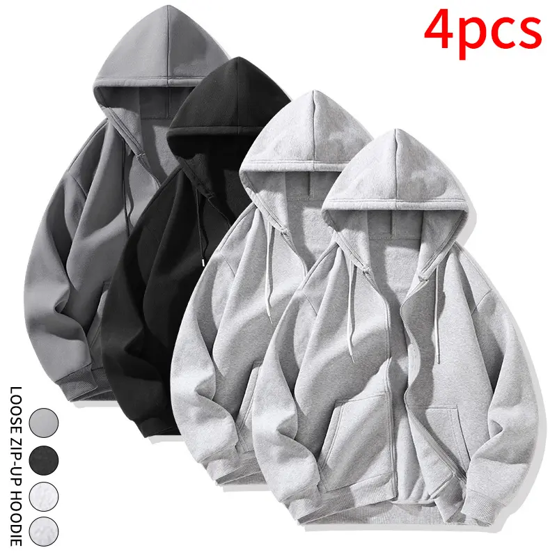 Men's Unisex Multi-Tone Zip-Up Hoodie, 4-Pack Loose Hooded Jacket for Matching Tees, Shirts, Inner Layering