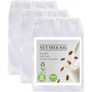 3 Pack  Nut Milk Bag, -Grade Nylon Cheese Cloth Bag for Straining,  Fine Mesh Strainer Bags with Drawstring for Nut Milk, Cold Brew Coffee, Greek Yogurt,  and Juice, 9.5"x14"