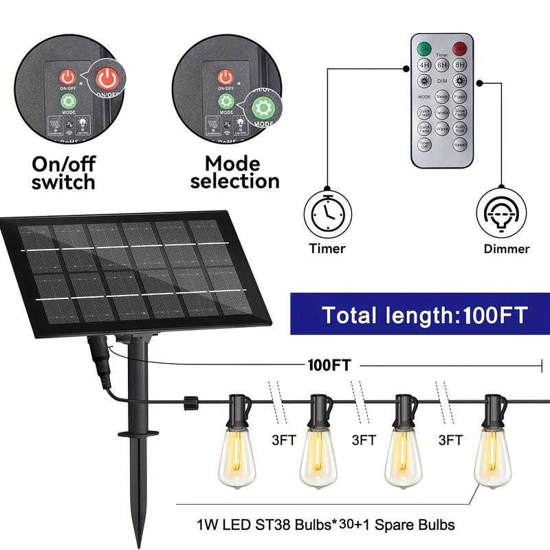 Solar Lights Outdoor String light patio deals 100FT with 32 Shatterproof, solar String Lights Outdoor Waterproof with Remote ST38 Vintage Edison Bulbs,Waterproof Hanging Lights for Outside Backyard