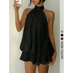 Women's Simple Solid Backless Halter One-Piece Romper, Elegant Ruffle Design, Perfect for Casual Wear, All Seasons Fashion, Womenswear