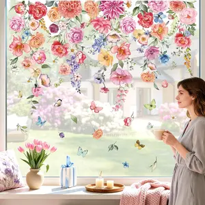 Colorful  Window Clings Spring Summer  Vine Floral Leaves Glass Sticker Decal Anti  Double-Side Static Window Stickers for  Glass
