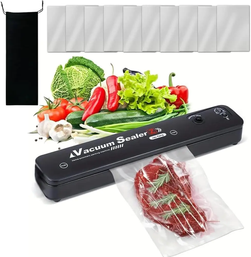 Compact Vacuum Sealer Machine for Food Preservation, Vacuum-Sealing Appliance with 10-Pack 17x25cm Textured Storage Bags, Dry/Wet Modes for Meat, Fruits, Vacuum-Sealing Vacuum Sealers