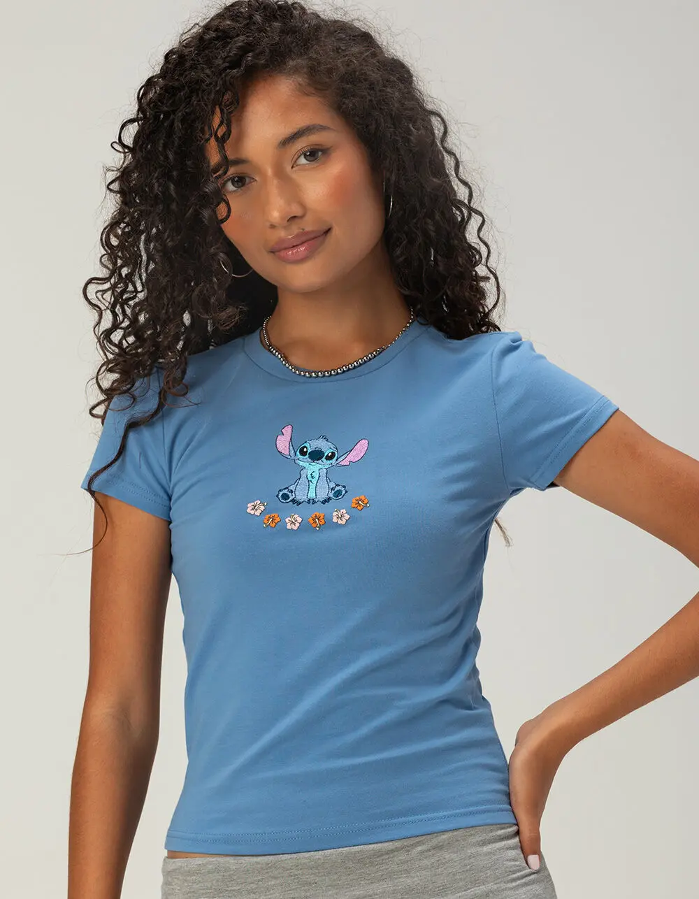 RSQ Disney Stitch Womens Embroidered Baby Tee