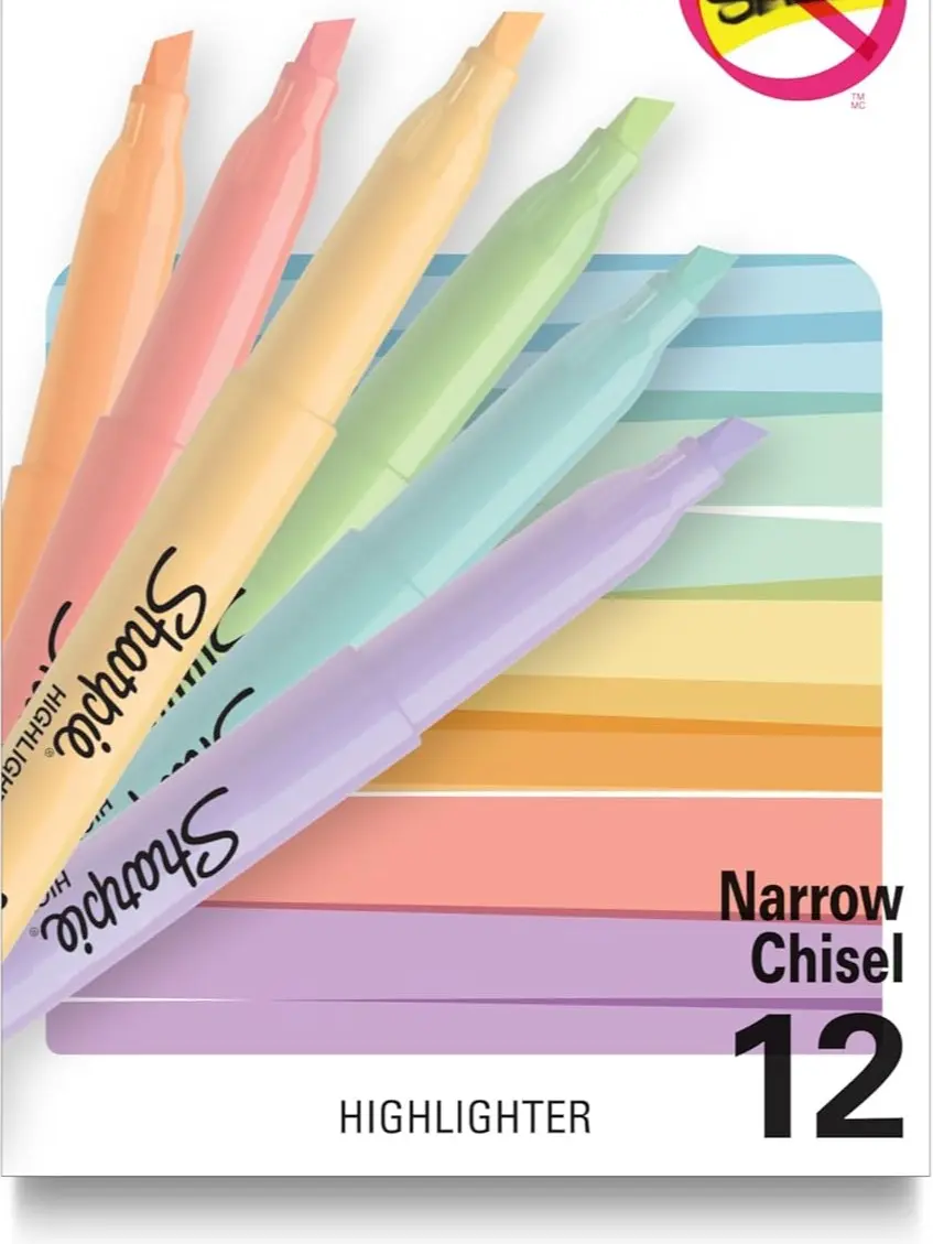 Sharpie Pocket Highlighters, 12-Count 12-Pack Mild Pastel Colors, Chisel Tips, Precise Coloring Office Stationery, ADHD Office Accessories, Cubicle Work Supplies