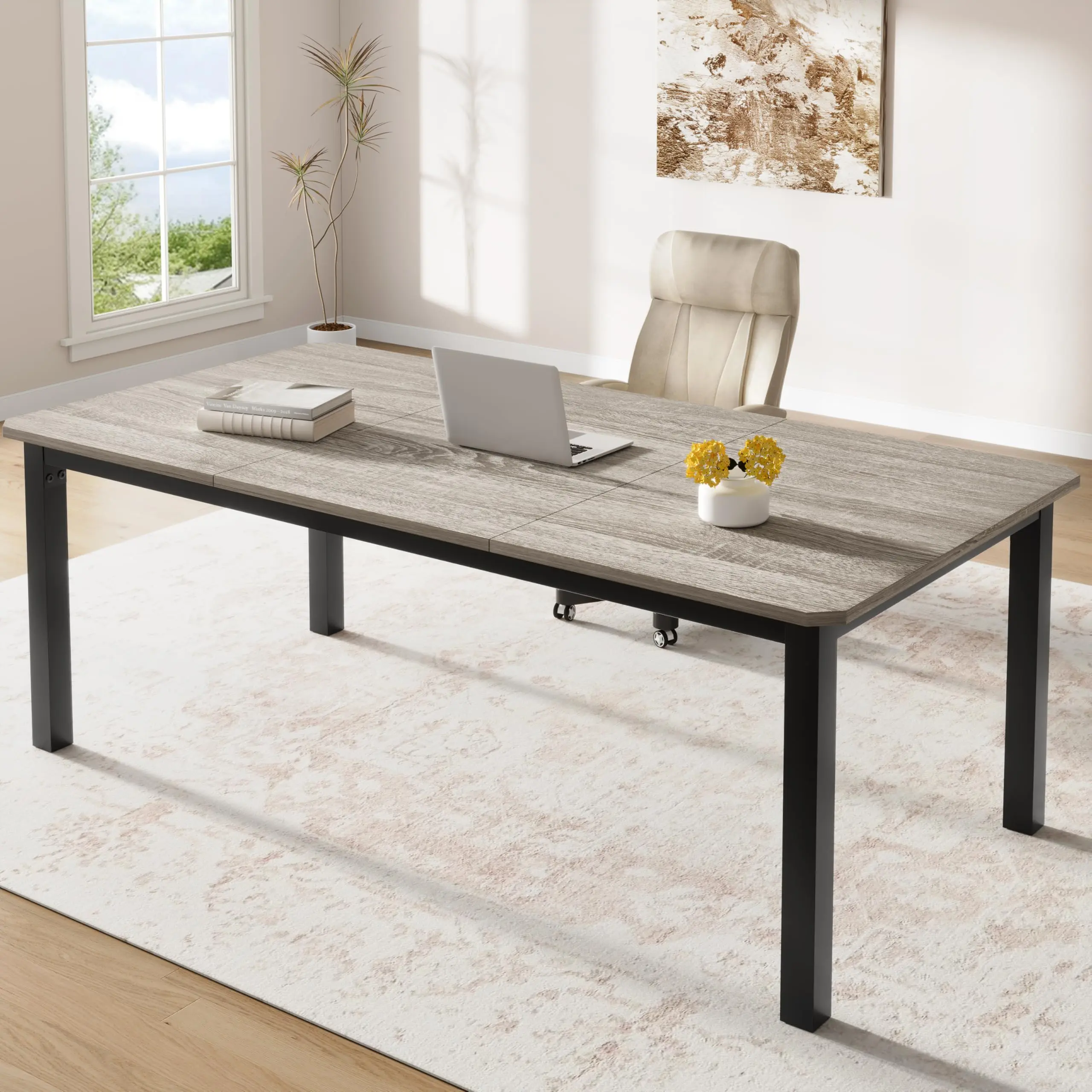 Garvee Large Solid Wood Dining Table with Heavy-Duty Metal Legs, Industrial Modern Design, Easy Assembly, Rustic Gray Finish, Seats 6 to 8, Ideal for Family Gatherings and Spacious Kitchens