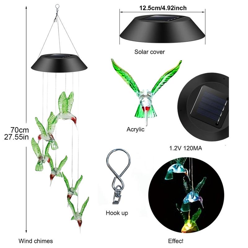 Solar Wind Chime Light ,with 6LED Green Hummingbird Crystal Decoration, Pendant Landscape Light, Light Sensor Control, No Remote Control, with 600mAh Nickel Battery, Suitable for Outdoor Garden, Patio, Sidewalk, Party Decoration and Holiday Gift