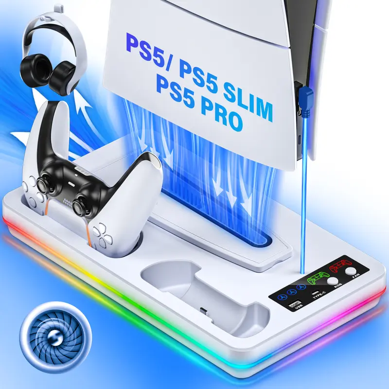 ZRZLMVP PS5 Cooling Station with Turbo Fan Controller Charging Station, Game Headset Holder, Storage & Protection for Console Accessories